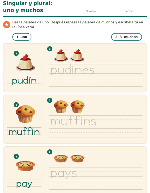 Vista previa de la hoja de Singular y plural con Postres y dulces para jardín infantil