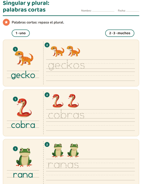 Vista previa de la hoja de Singular y plural con Reptiles y anfibios para jardín infantil