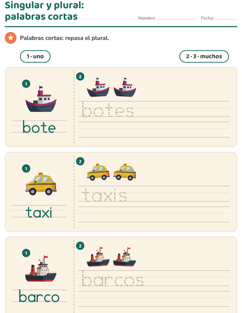 Vista previa de la hoja de Singular y plural con Vehículos para jardín infantil
