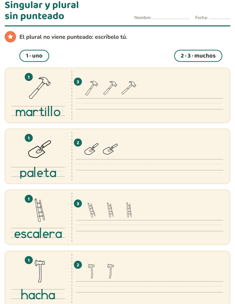 Vista previa de la hoja de Singular y plural con Herramientas BN para jardín infantil