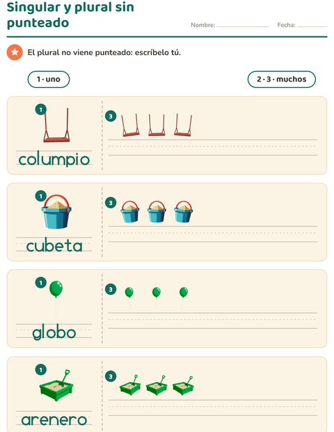 Escribe tú el plural: la línea de muchos está vacía — preescolar