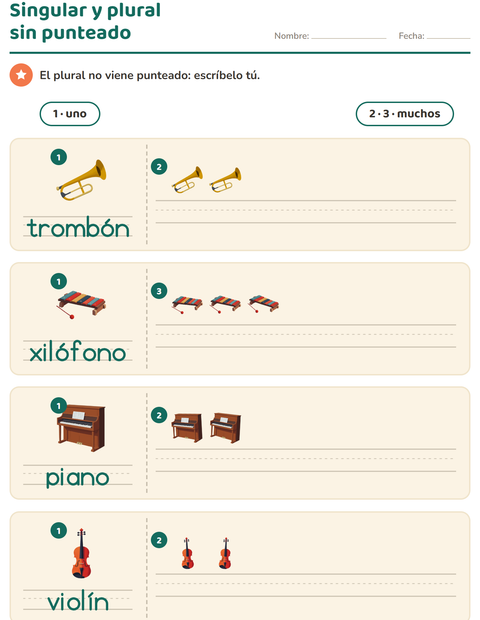 Vista previa de la hoja de Singular y plural con Música para jardín infantil