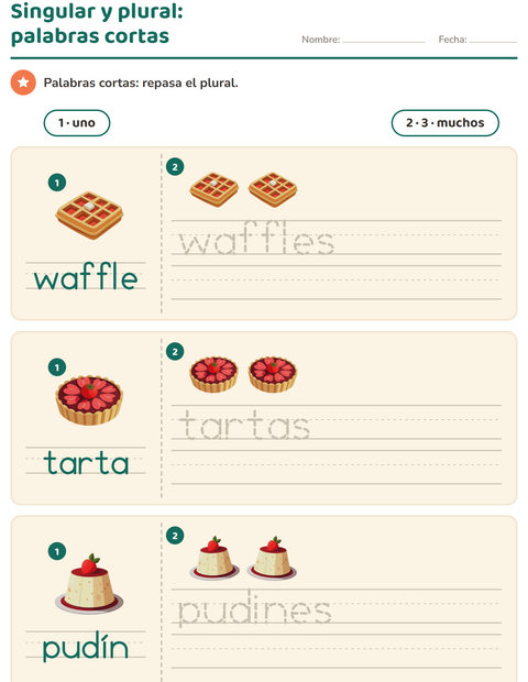 Vista previa de la hoja de Singular y plural con Postres y dulces para jardín infantil