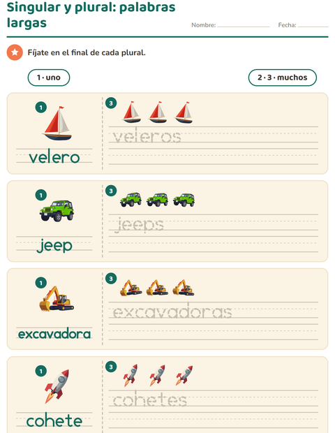 Singular y plural con palabras largas: nombres de vehículos — preescolar