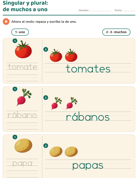 Vista previa de la hoja de Singular y plural con Verduras para jardín infantil