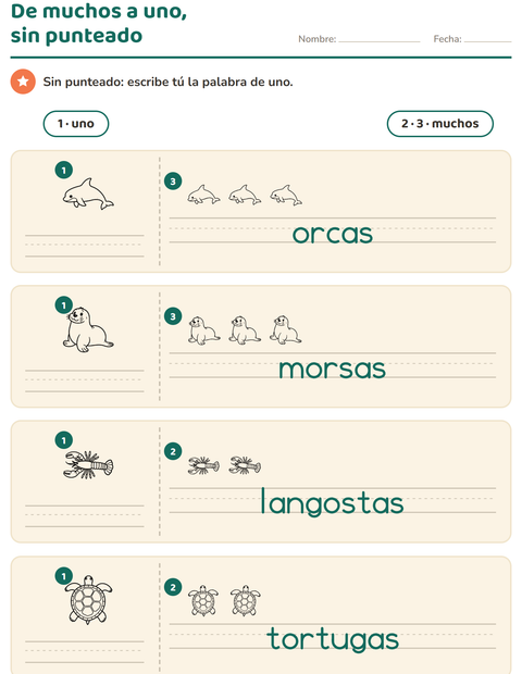 Vista previa de la hoja de Singular y plural con Vida marina BN para jardín infantil
