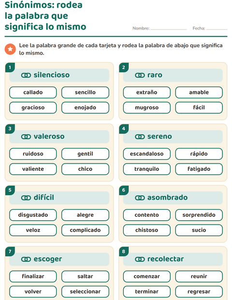 Vista previa de la hoja de Sinónimos para grado 2