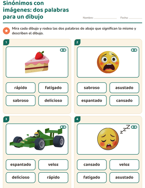 Vista previa de la hoja de Sinónimos para grado 1