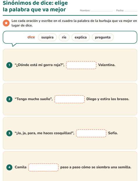 Vista previa de la hoja de Sinónimos para grado 2
