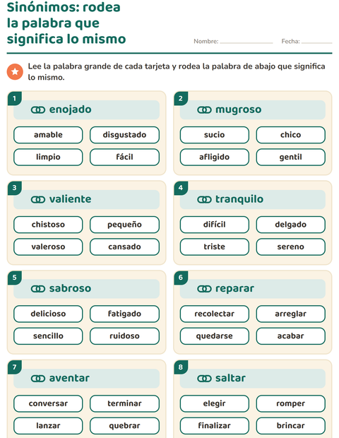 Vista previa de la hoja de Sinónimos para grado 2