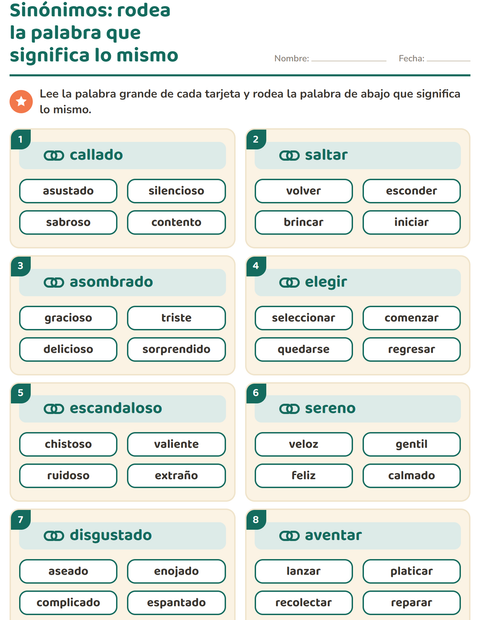 Sinónimos para segundo grado: rodea la palabra que significa lo mismo