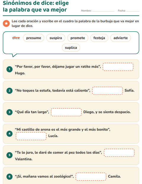 Vista previa de la hoja de Sinónimos para grado 2