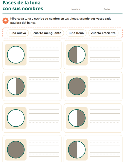 Fases de la luna con sus nombres: ocho lunas y cuatro palabras para escribir