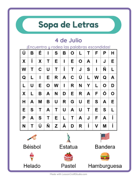 Vista previa de la hoja de Sopa De Letras con 4 de Julio para grado 1