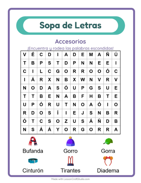 Vista previa de la hoja de Sopa De Letras con Accesorios para grado 1