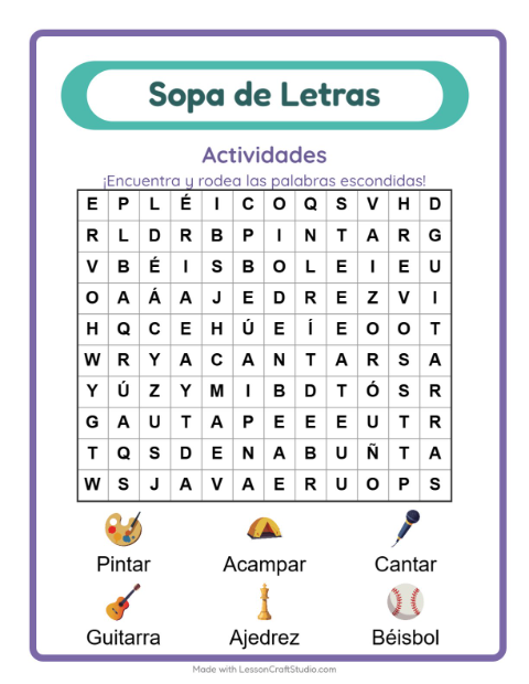 Vista previa de la hoja de Sopa De Letras con Actividades para grado 1