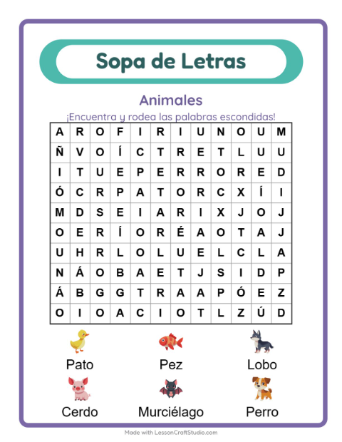 Vista previa de la hoja de Sopa De Letras con Animales para grado 1