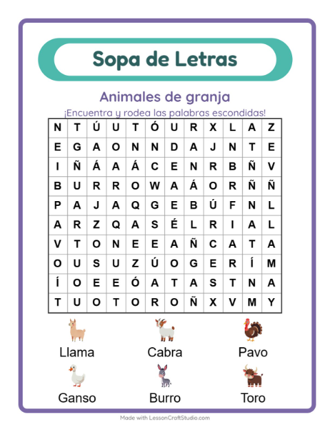 Vista previa de la hoja de Sopa De Letras con Animales de granja para grado 1