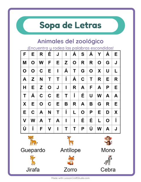 Vista previa de la hoja de Sopa De Letras con Animales del zoológico para grado 1