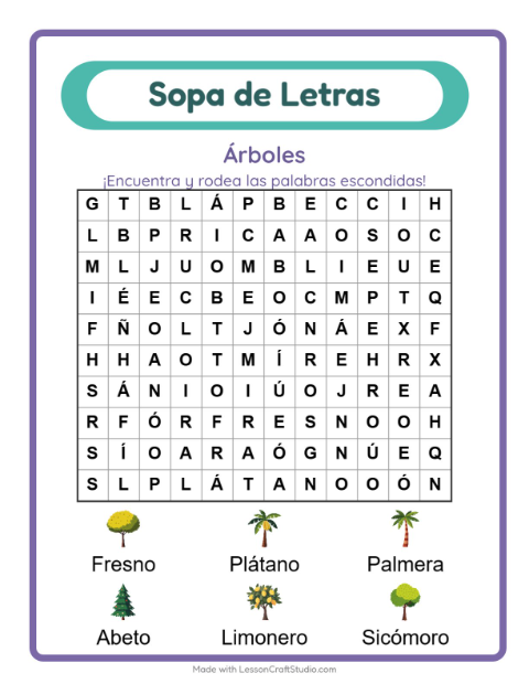 Vista previa de la hoja de Sopa De Letras con Árboles para grado 1