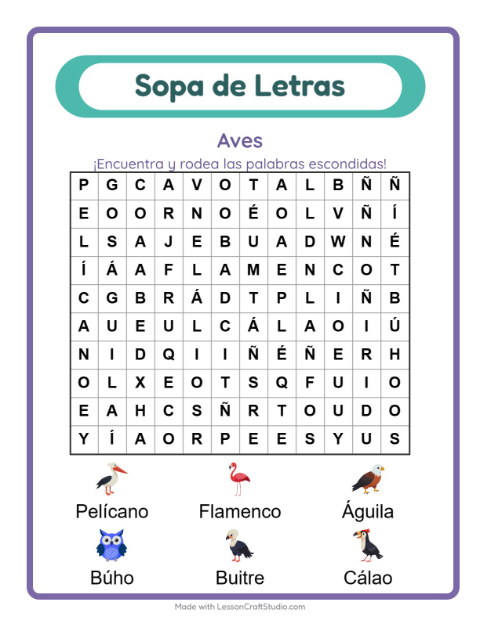 Vista previa de la hoja de Sopa De Letras con Aves para grado 1