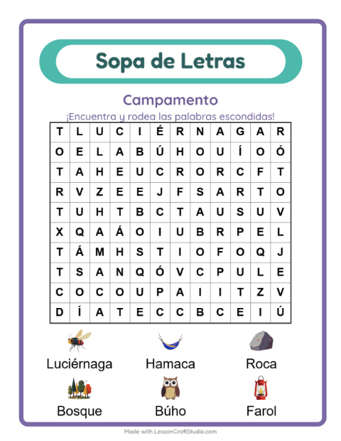 Vista previa de la hoja de Sopa De Letras con Campamento para grado 1