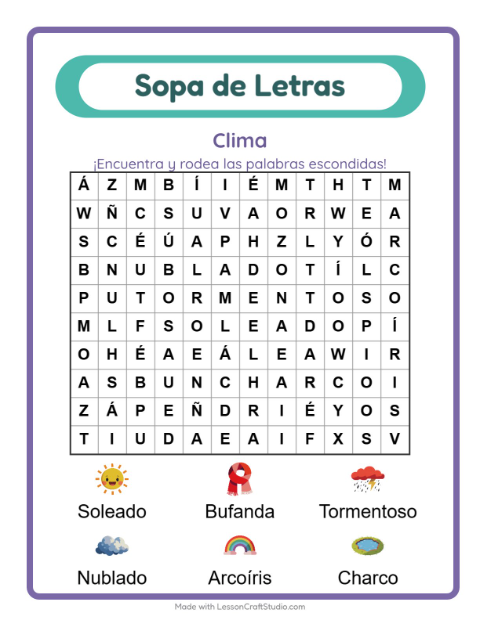 Vista previa de la hoja de Sopa De Letras con Clima para grado 1