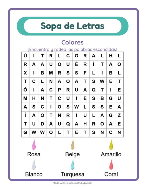 Vista previa de la hoja de Sopa De Letras con Colores para grado 1