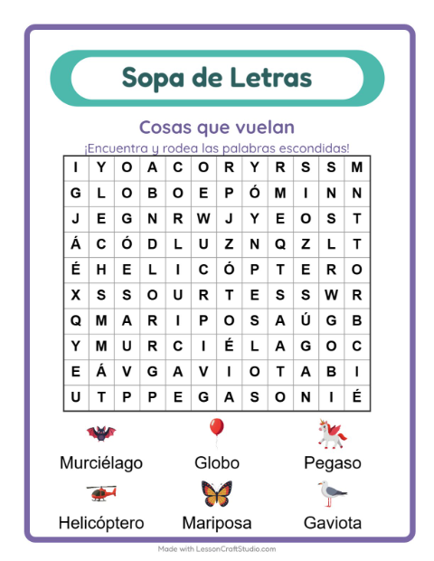Vista previa de la hoja de Sopa De Letras con Cosas que vuelan para grado 1