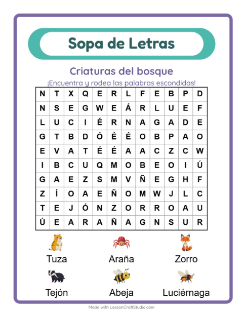 Vista previa de la hoja de Sopa De Letras con Criaturas del bosque para grado 1
