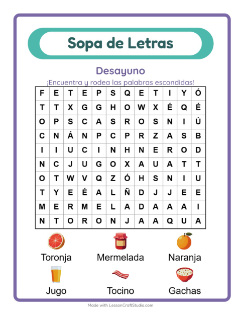 Vista previa de la hoja de Sopa De Letras con Desayuno para grado 1