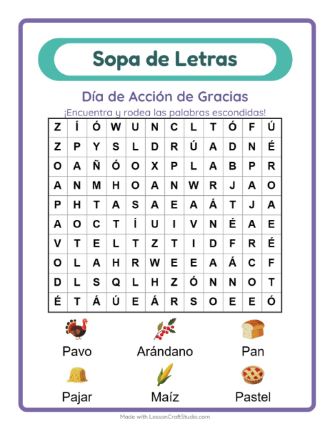 Vista previa de la hoja de Sopa De Letras con Día de Acción de Gracias para grado 1