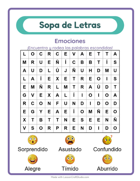 Vista previa de la hoja de Sopa De Letras con Emociones para grado 1