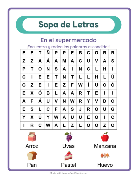 Vista previa de la hoja de Sopa De Letras con En el supermercado para grado 1