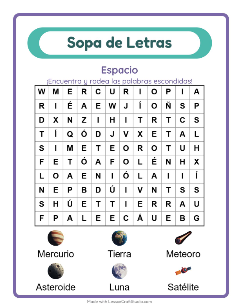 Vista previa de la hoja de Sopa De Letras con Espacio para grado 1