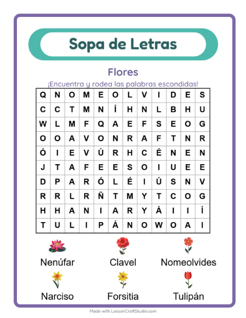 Vista previa de la hoja de Sopa De Letras con Flores para grado 1