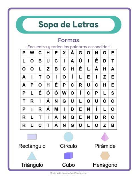 Vista previa de la hoja de Sopa De Letras con Formas para grado 1
