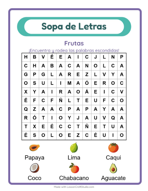 Vista previa de la hoja de Sopa De Letras con Frutas para grado 1