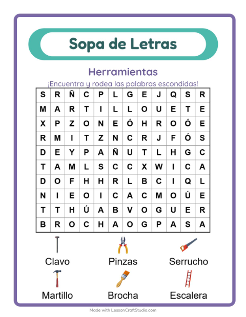 Vista previa de la hoja de Sopa De Letras con Herramientas para grado 1