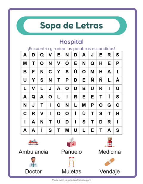 Vista previa de la hoja de Sopa De Letras con Hospital para grado 1