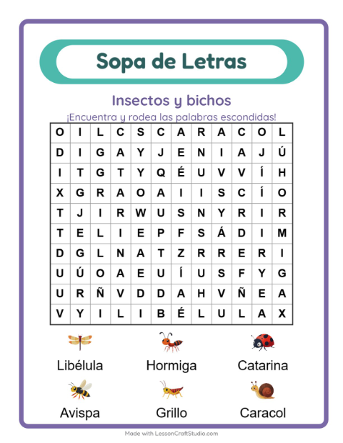 Vista previa de la hoja de Sopa De Letras con Insectos y bichos para grado 1