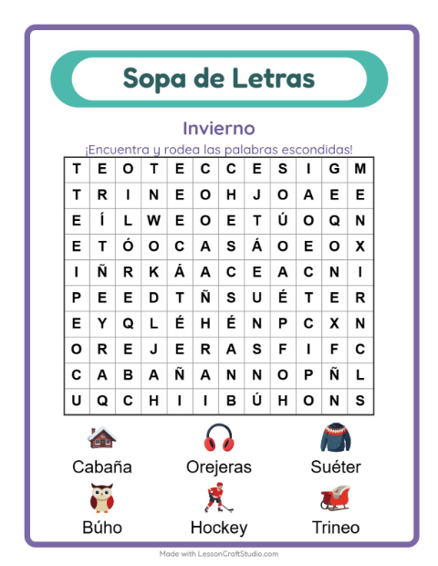 Vista previa de la hoja de Sopa De Letras con Invierno para grado 1