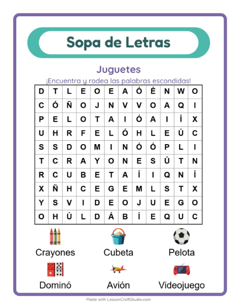 Vista previa de la hoja de Sopa De Letras con Juguetes para grado 1