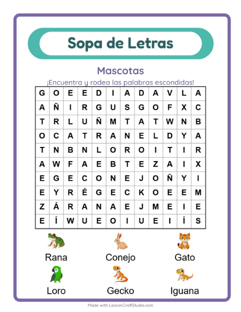 Vista previa de la hoja de Sopa De Letras con Mascotas para grado 1