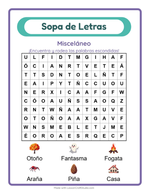 Vista previa de la hoja de Sopa De Letras con Misceláneo para grado 1