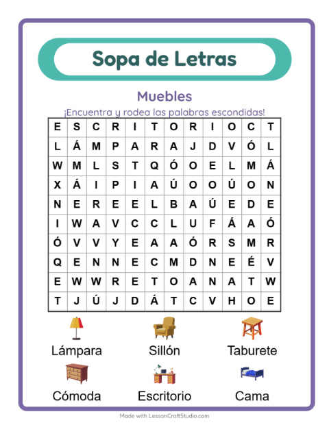 Vista previa de la hoja de Sopa De Letras con Muebles para grado 1