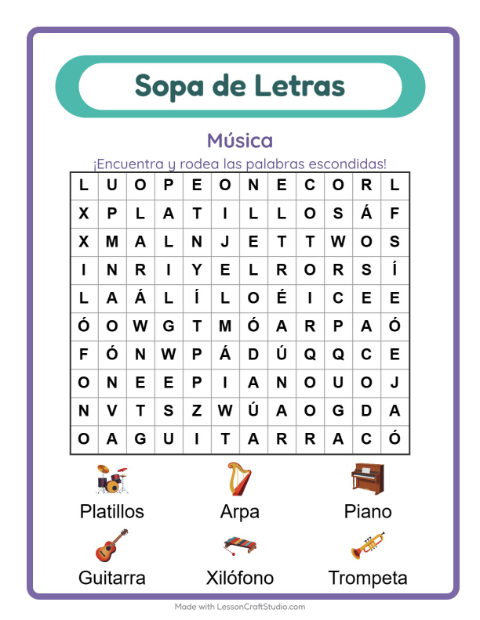 Vista previa de la hoja de Sopa De Letras con Música para grado 1