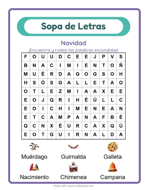 Vista previa de la hoja de Sopa De Letras con Navidad para grado 1