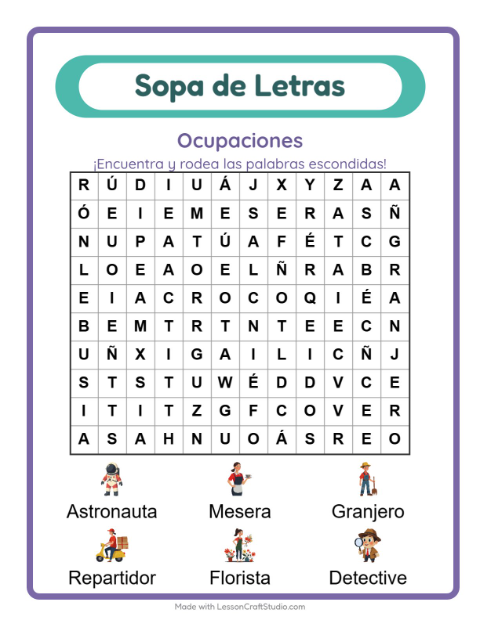 Vista previa de la hoja de Sopa De Letras con Ocupaciones para grado 1