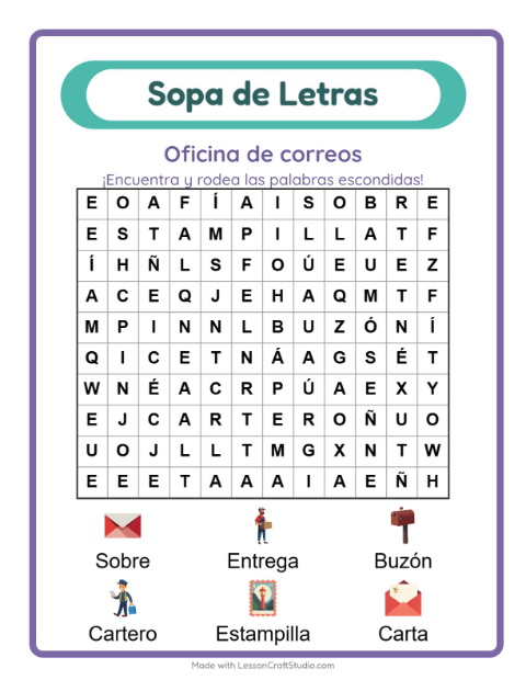 Vista previa de la hoja de Sopa De Letras con Oficina de correos para grado 1